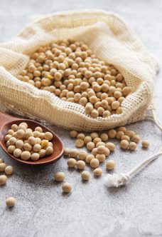 Eco bag with soybeans on a concrete background